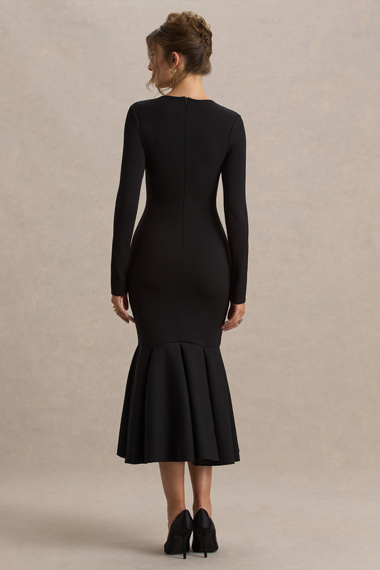 Liberty | Black High Neck Mermaid Midi Dress With Ruffling Detail
