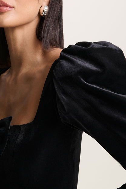 Suzu | Black Velvet Puff-Sleeve Top With Bows