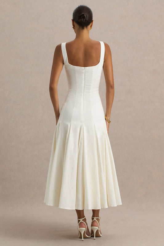 Magnolia | White Scoop-Neck Midi Dress With Drop-Waist And Ruffling Detail