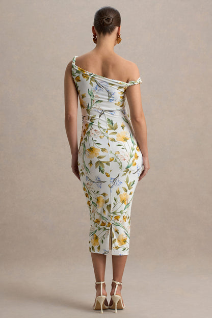 Salome | White Botanical Floral Print Twisted Asymmetric Maternity Midi Dress
