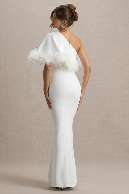 Valor | White Asymmetric Maxi Dress With Feather Trim
