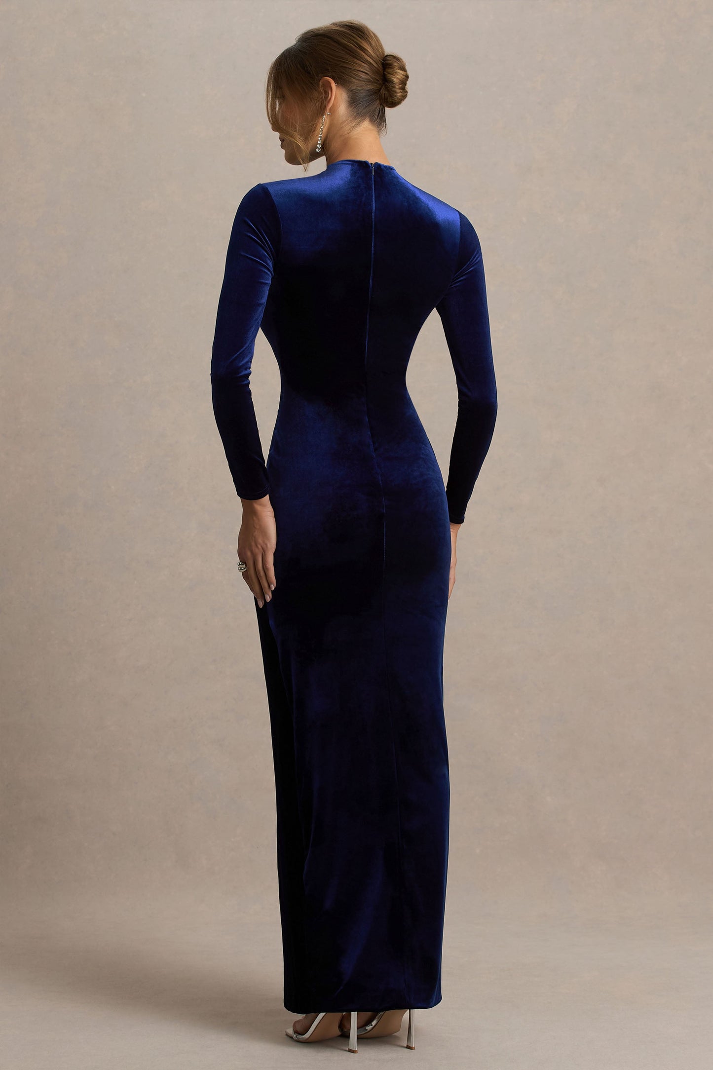 Wishes | Navy Velvet High-Neck Maxi Dress With Wrap Skirt