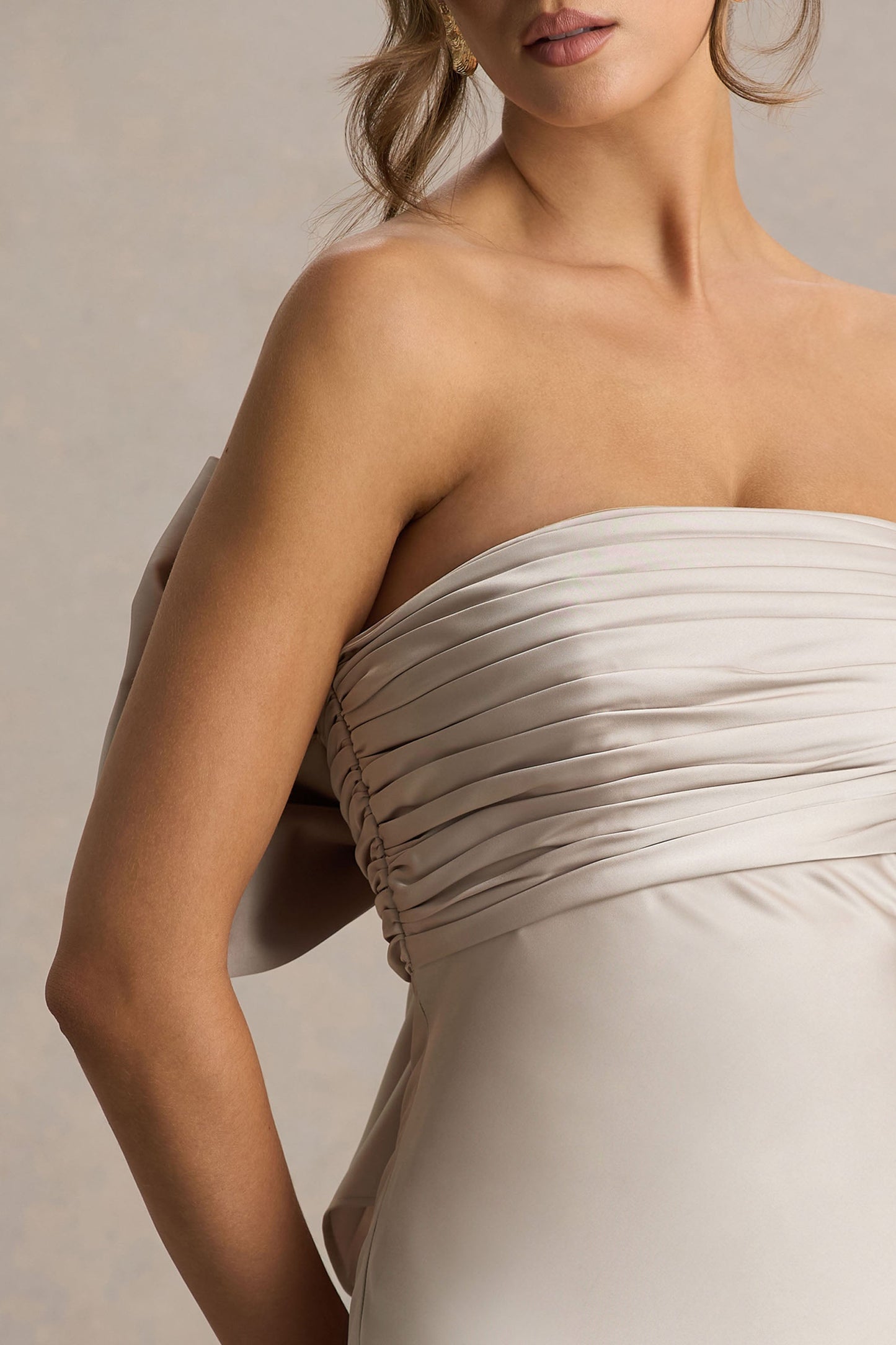 Talulla | Champagne Satin Bandeau Maxi Dress With Ruffled Detail