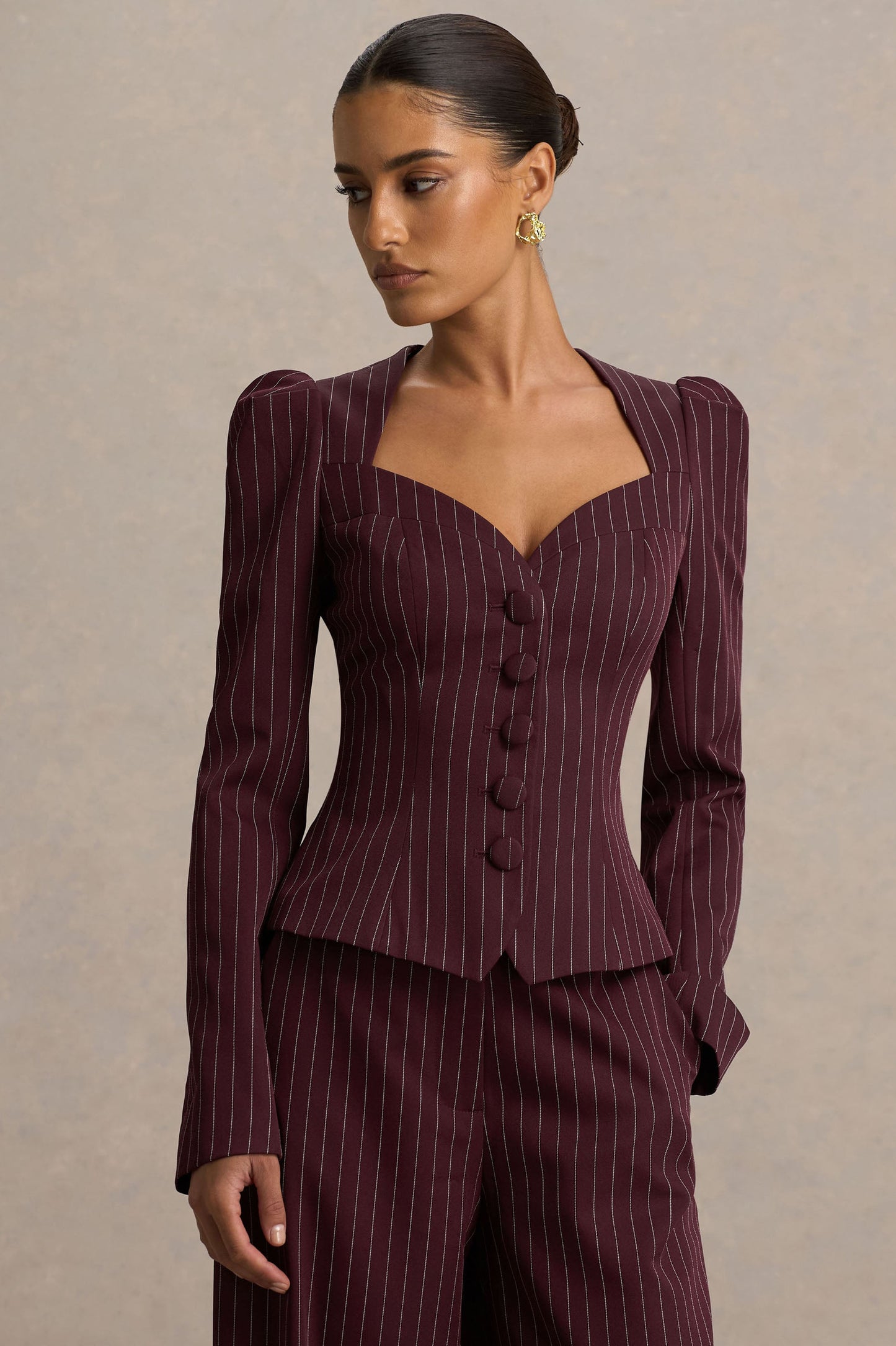 Lana | Burgundy Pinstripe Woven Sweetheart-Neck Tailored Top