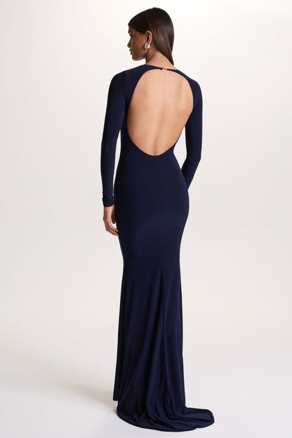 One Step Ahead | Navy Long Sleeve Backless Fishtail Maxi Dress