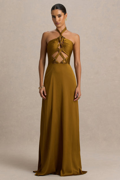 Aleera | Olive Chiffon Halter-Neck Maxi Dress With Cut-Out Detail