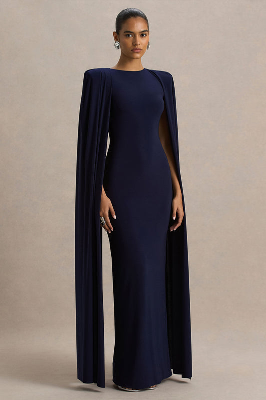 Mimi | Navy High-Neck Maxi Dress With Cape Sleeve Detail