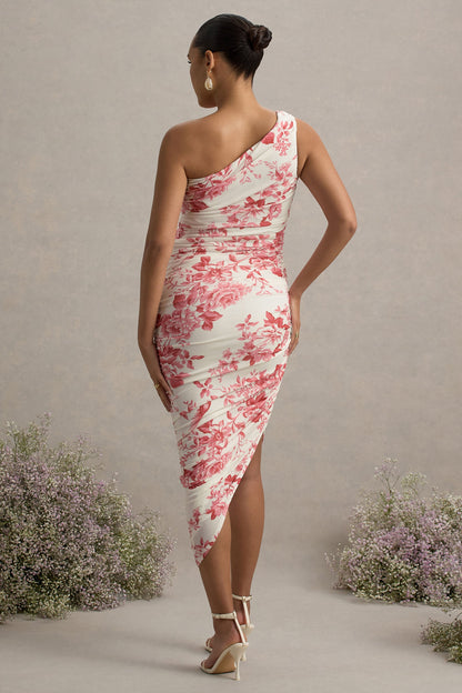 Late Night | Pink Floral Print Maternity Ruched One Shoulder Midi Dress