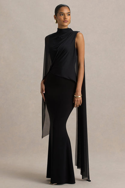 Amour | Black High-Neck Maxi Dress With Cape Sleeve Detail