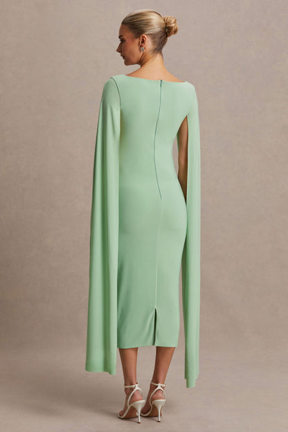 Providence | Light Green High-Neck Maternity Midi Dress With Cape Sleeves