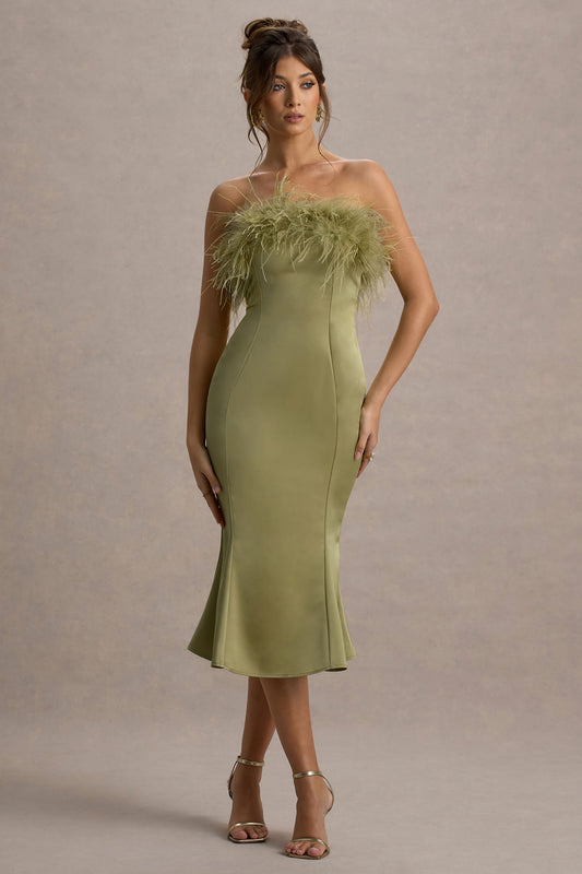 One And Only | Light Green Satin Feather Trim Bandeau Midi Dress