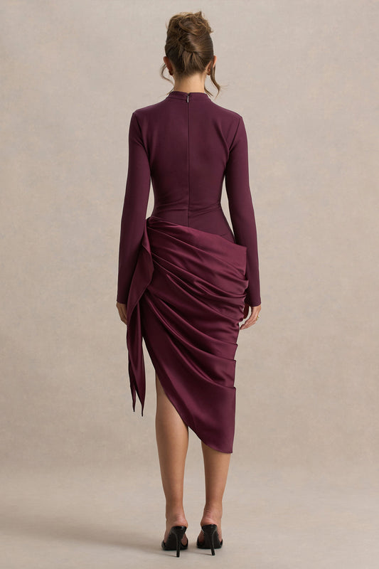 Raffie | Plum Long-Sleeve Midi Dress With Satin Wrap Skirt