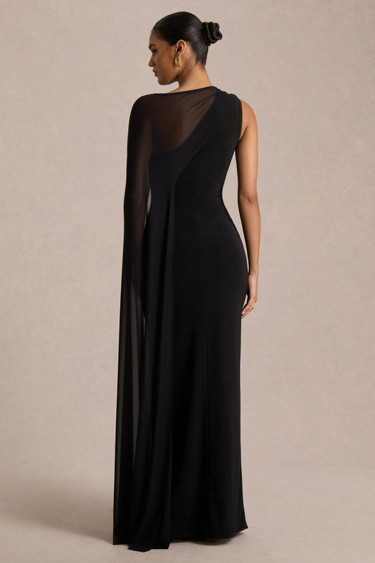 Mirelle | Black Asymmetric-Neck Maxi Dress With Sheer Cape-Sleeve