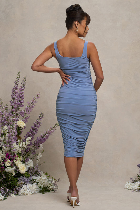 Lisbon | Powder Blue Maternity Square Neck Ruched Midi Dress