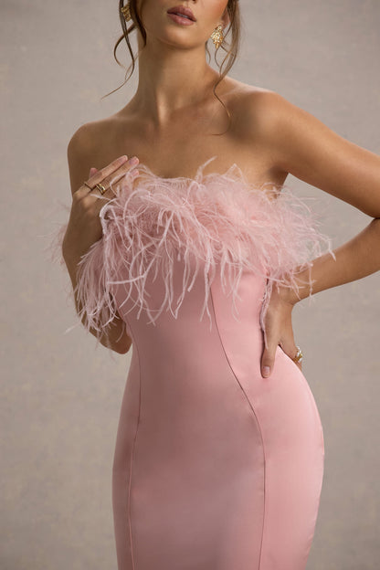 One And Only | Light Pink Satin Feather Trim Bandeau Midi Dress