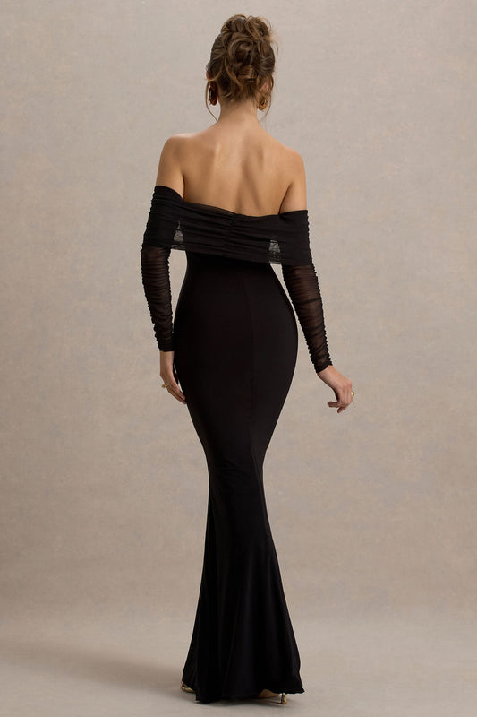 Madeleine | Black Fishtail Maxi Dress With Bardot Mesh Long Sleeves