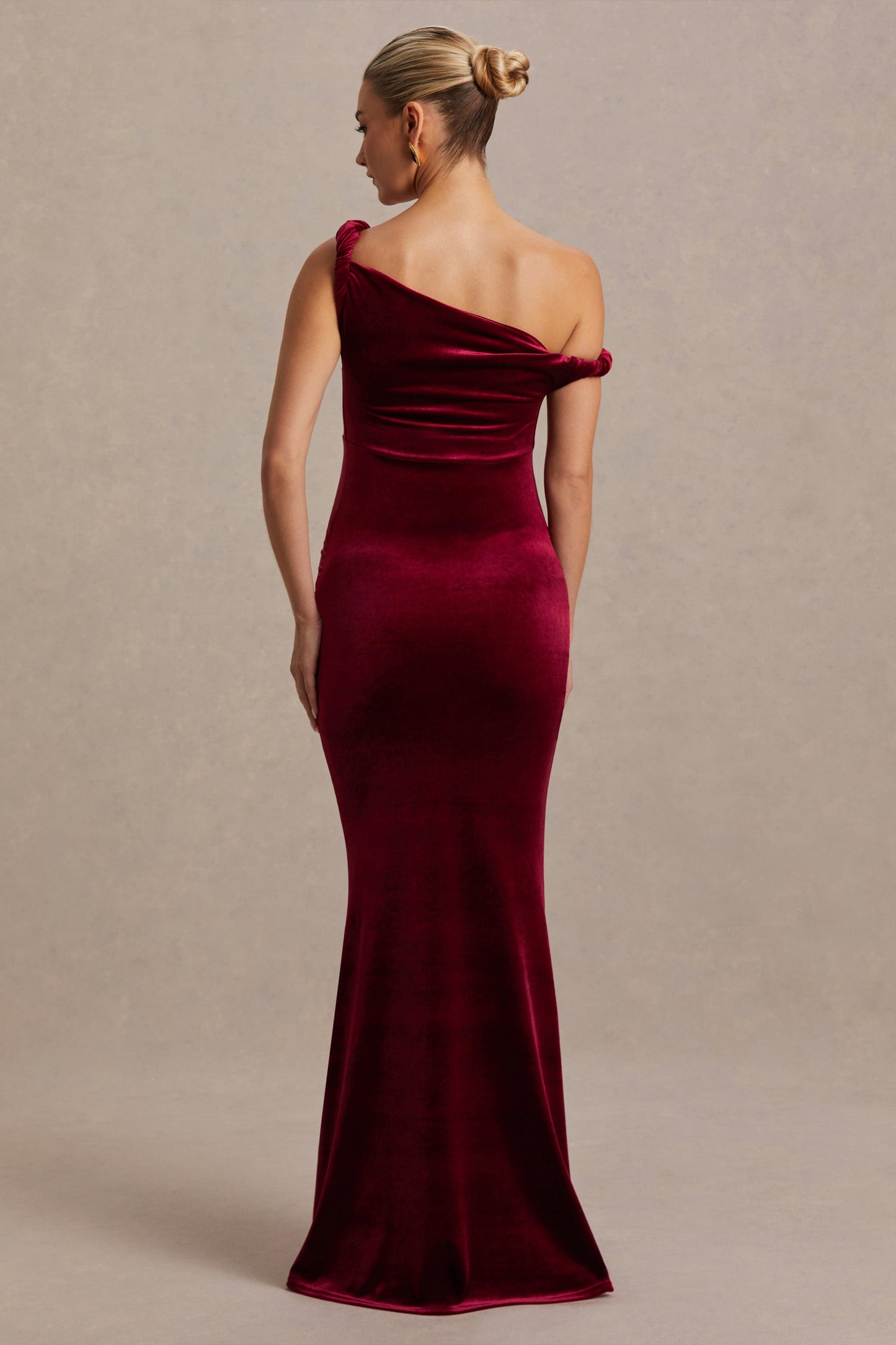 Tallulah | Burgundy Velvet Asymmetric-Neck Maternity Maxi Dress With Twist-Sleeve