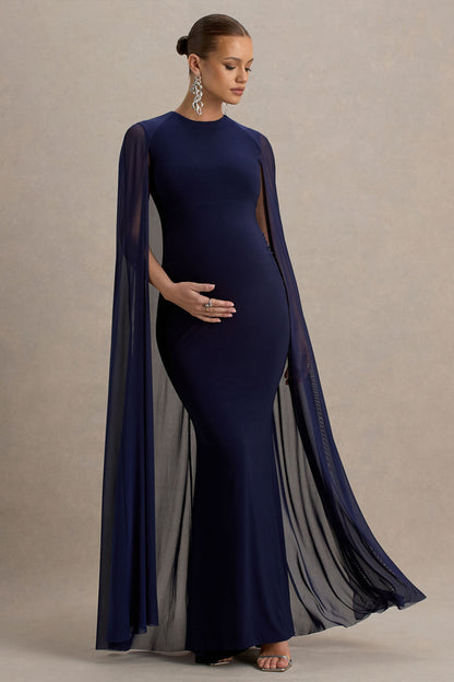 Currant | Navy Crew-Neck Maternity Maxi Dress With Cape