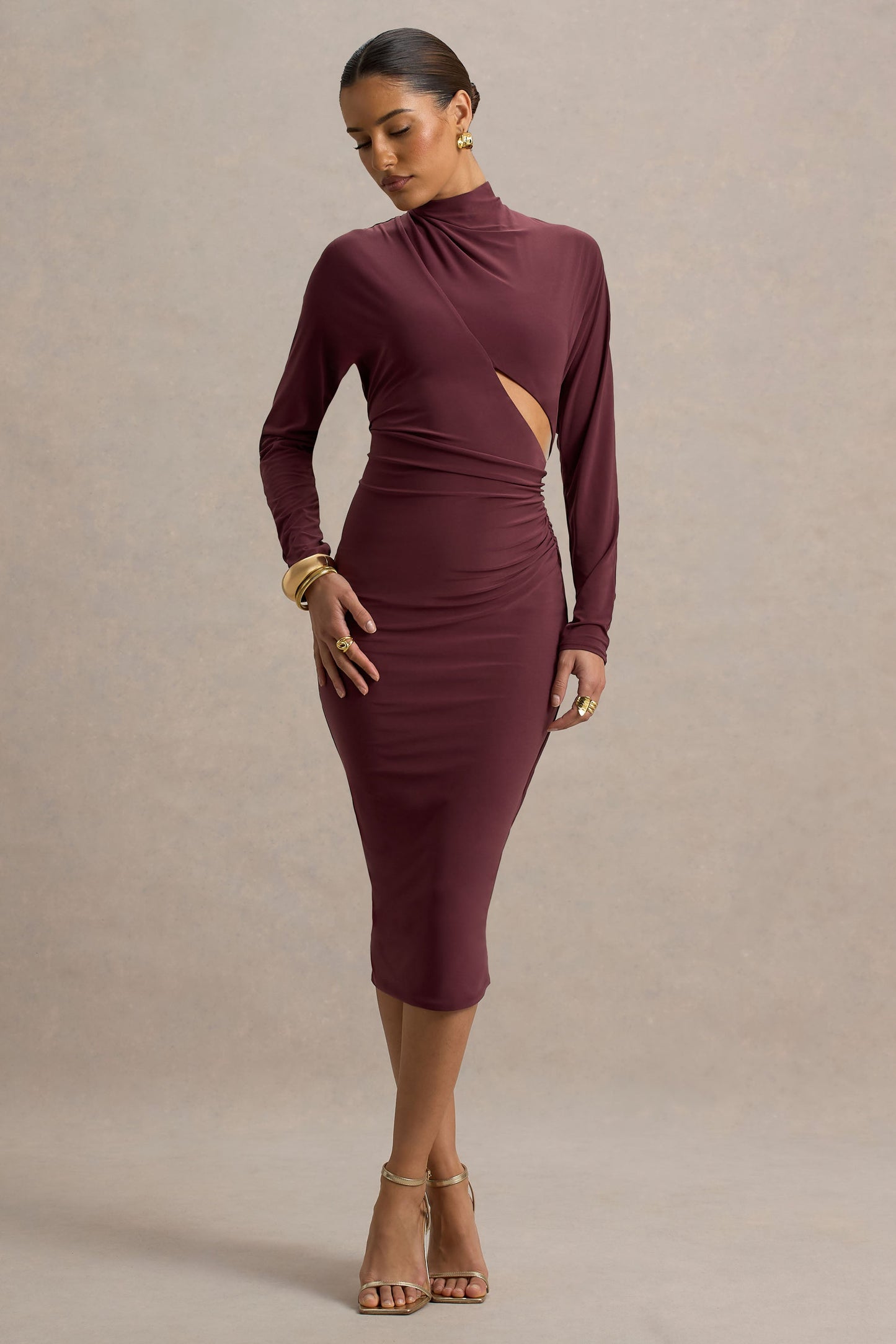 Pandora | Burgundy Long-Sleeve Midi Dress With Cut-Out