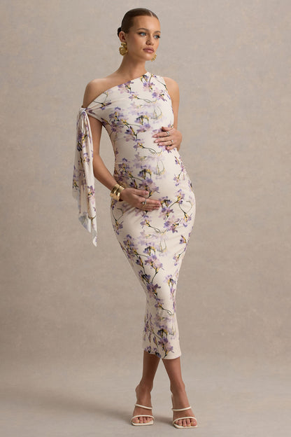 Katarine | Peach Floral Print Asymmetric Knot Maternity Midi Dress