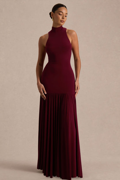 Tasmin | Burgundy High-Neck Maxi Dress With Drop-Waist