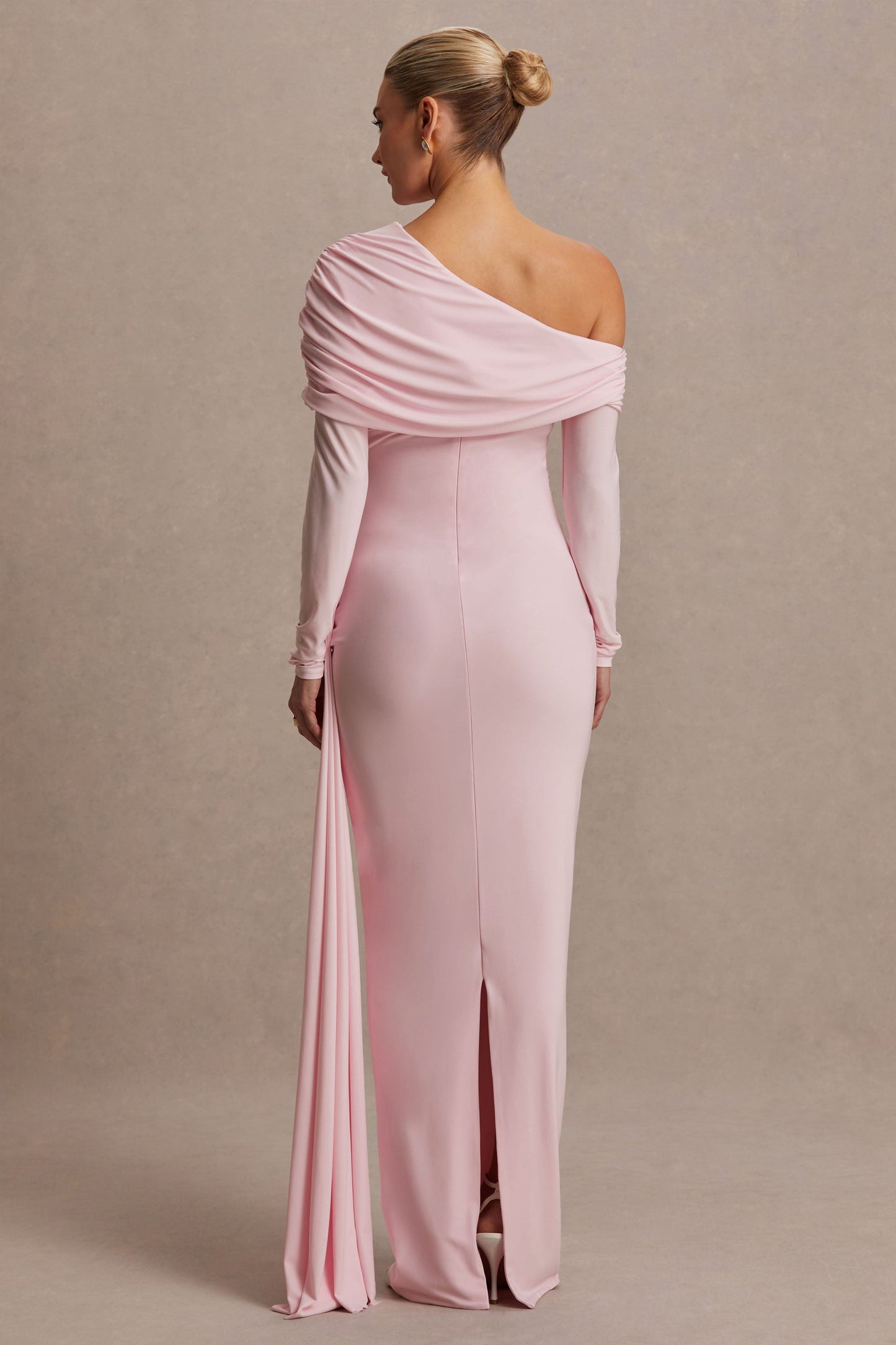 Amara | Blush Pink Asymmetric-Neck Maternity Maxi Dress With Sash Detail