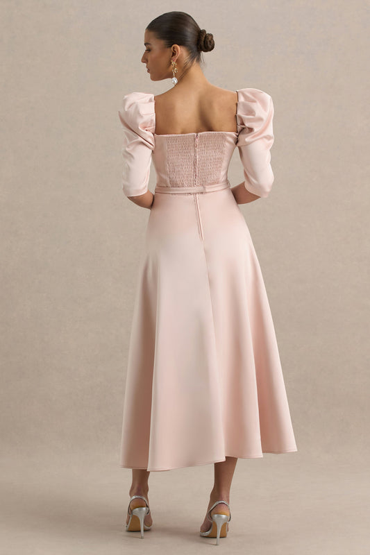 Rosey | Pale Pink Satin Sweetheart Midi Dress