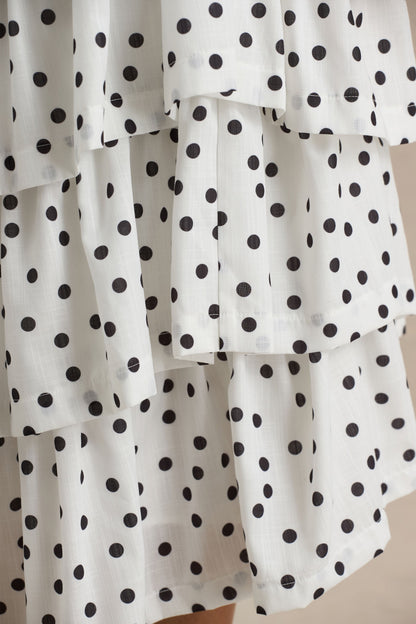 Violet | White Polka Dot Midi Dress With Halter-Neck and Ruffled Skirt