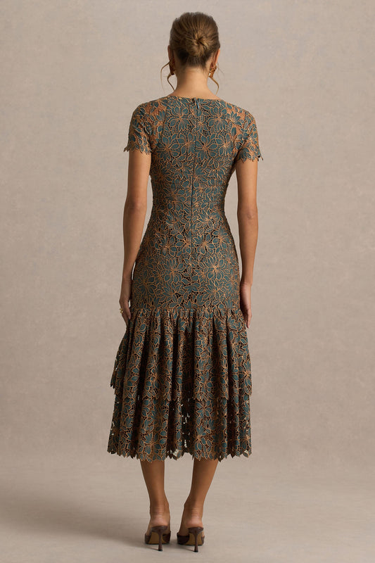 Sabrina | Dark Green And Rust Embroidered Plunge-Neck Midi Dress
