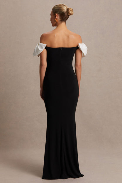 Didi | Black & White Bardot Bow Detail Maternity Maxi Dress