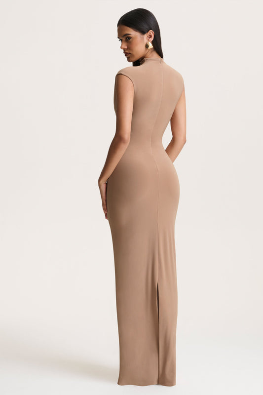 Solene | Brown High-Neck Maxi Dress With Wrap And Drape Detail
