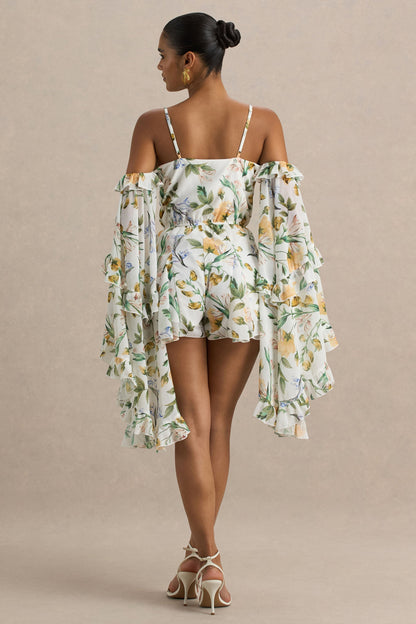 Anaya | White Botanical Print Chiffon Playsuit With Long Sleeves
