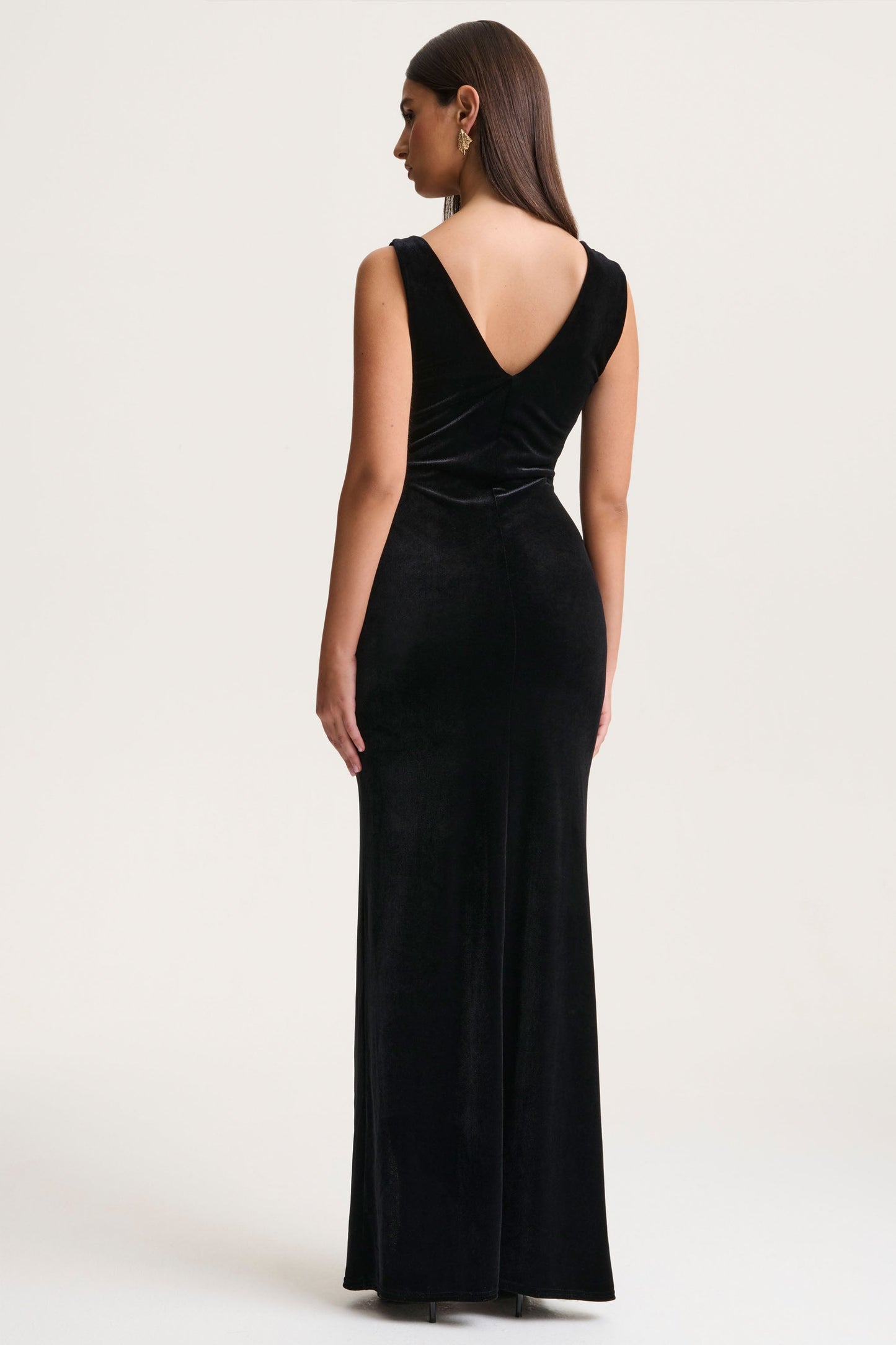 Jovita | Black Velvet Cowl-Neck Maxi Dress With Gathered-Detailing