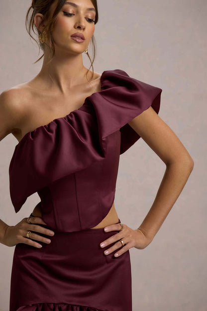 Sandie | Merlot Satin Bardot Ruffled Crop Top