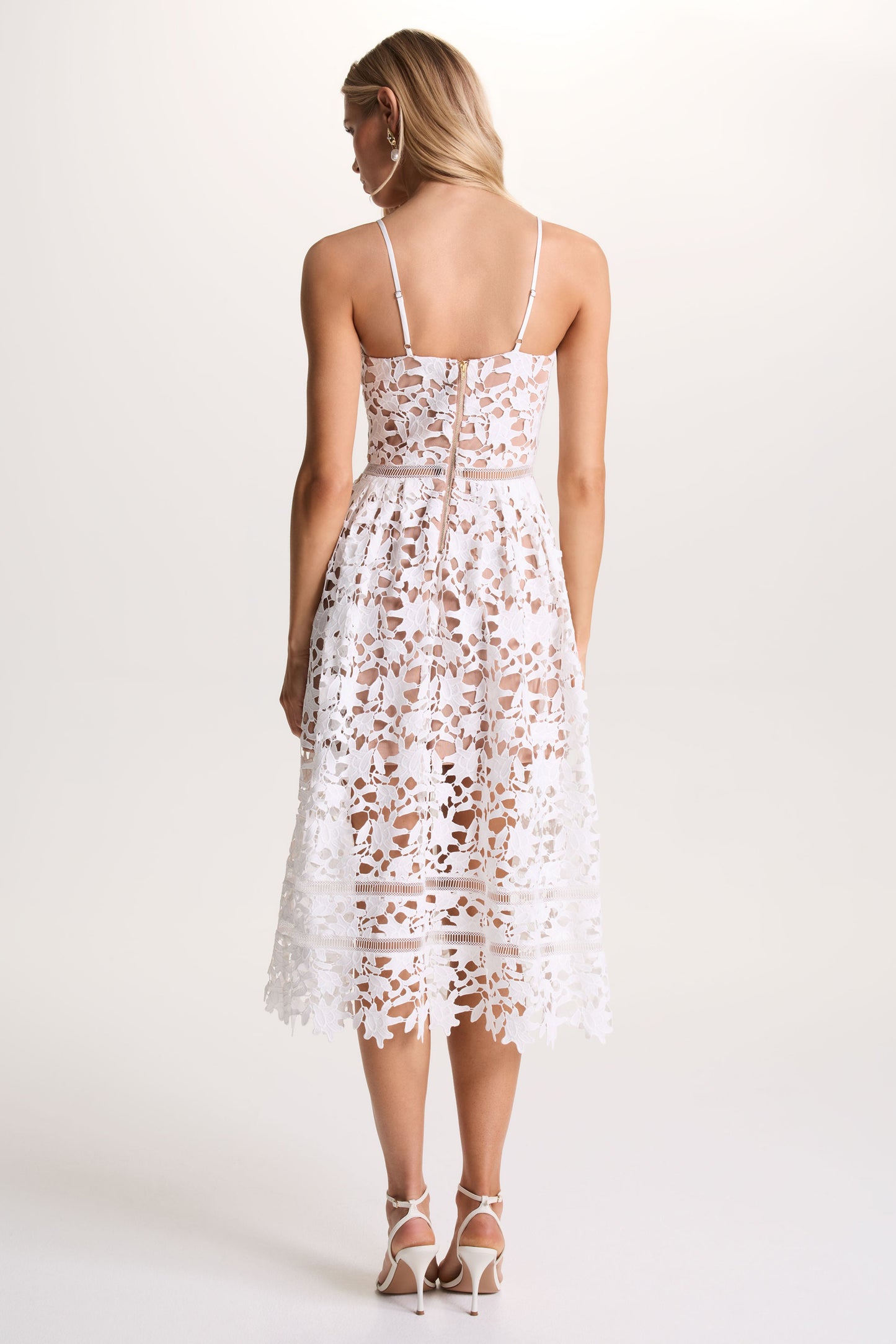 Zuri | White Lace Sweetheart Midi Dress With Cami Straps