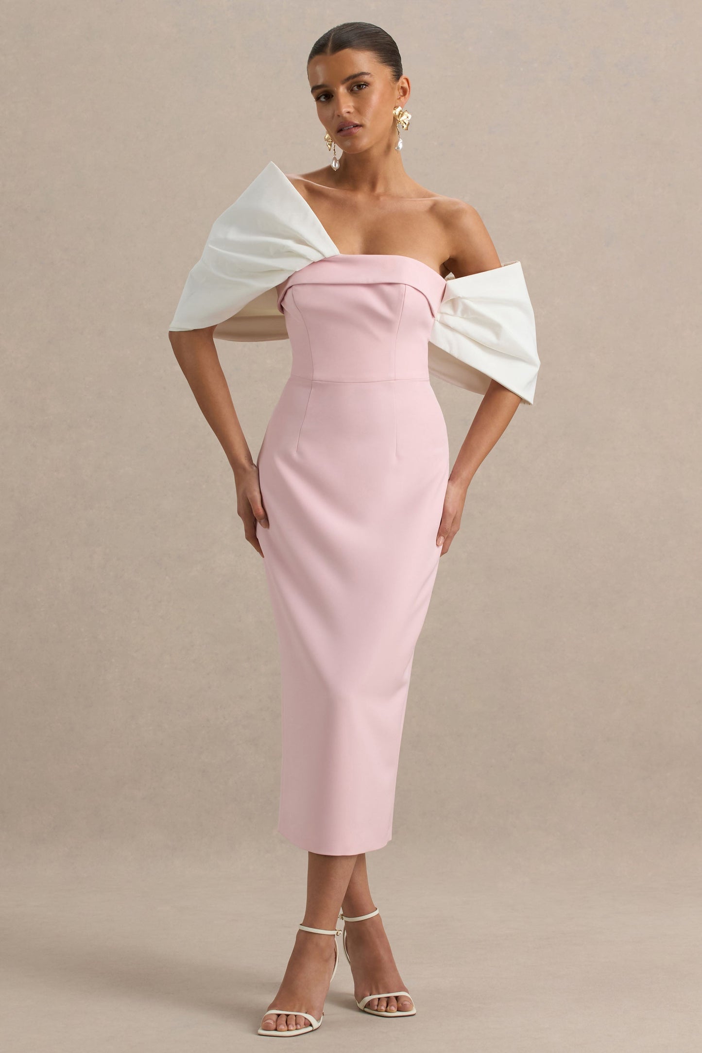 Lucille | Rose & Pink Asymmetric Bardot Midi Dress With Bow Detail