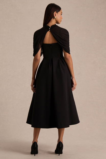 Thalia | Black High-Neck Midi Dress With Sheer Mesh Cape