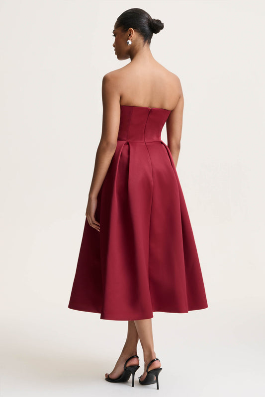 Promises | Red Satin Sweetheart-Neck Midi Dress