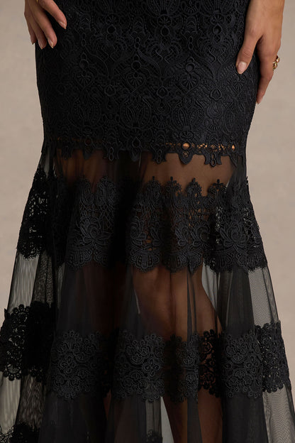 Leanne | Black Mesh And Lace Crew-Neck Fishtail Midi Dress