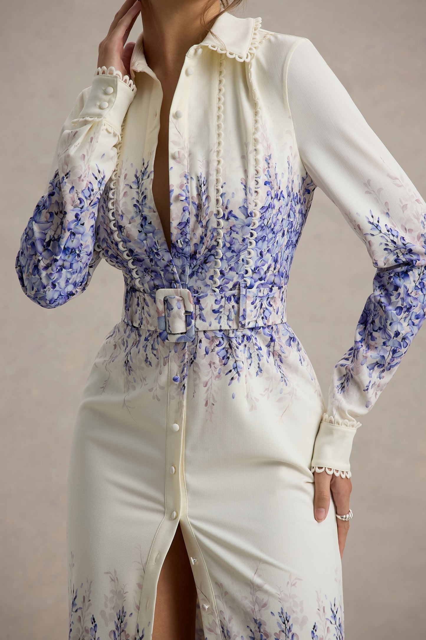 Zephy | Wisteria Print Belted Shirt Midi Dress