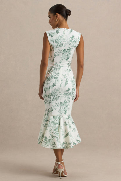 Priceless | Green Porcelain Print Print High-Neck Fishtail Midi Dress
