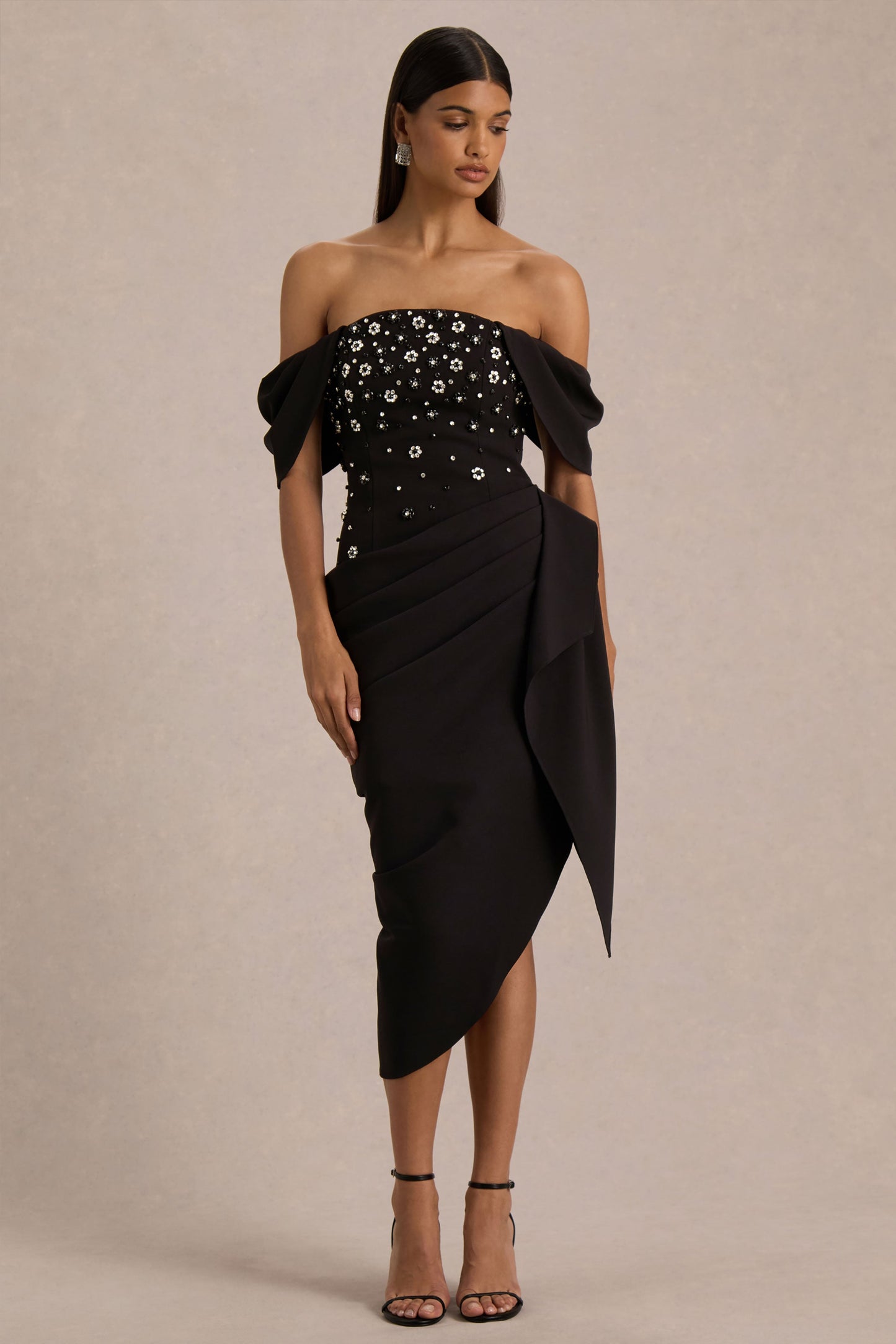 Sylvia | Black Hand-Embellished Bardot-Neck Midi Dress With Draped Satin-Wrap Skirt