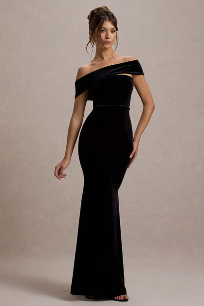 Candela | Black Velvet Asymmetric Bardot Maxi Dress