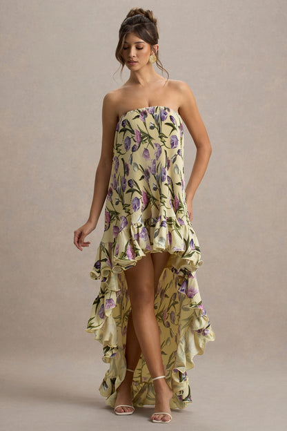 Whistler | Tulip Floral Print Chiffon Bandeau High-Low Ruffled Maxi Dress