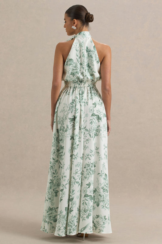 Talia | Green Floral Print High-Neck Maxi Dress With Front High Split