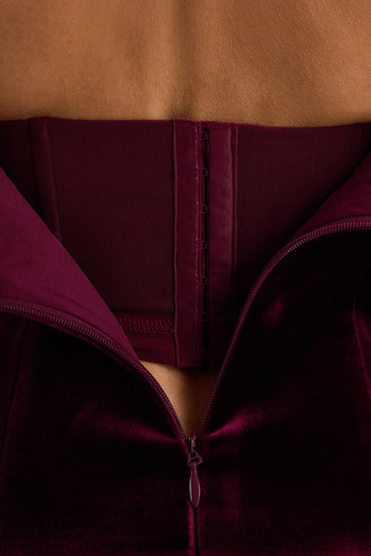 Violetta | Burgundy Velvet Bandeau Midi Dress With Drop-Waist And Gathered Skirt