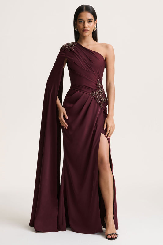 Solace | Dark Plum Asymmetric-Neck Maxi Dress With Front-High Split