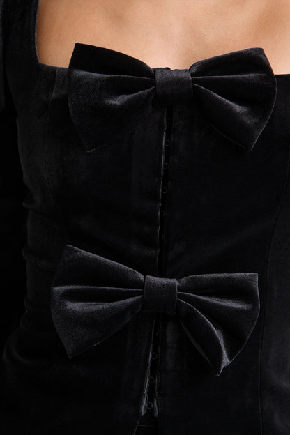 Suzu | Black Velvet Puff-Sleeve Top With Bows