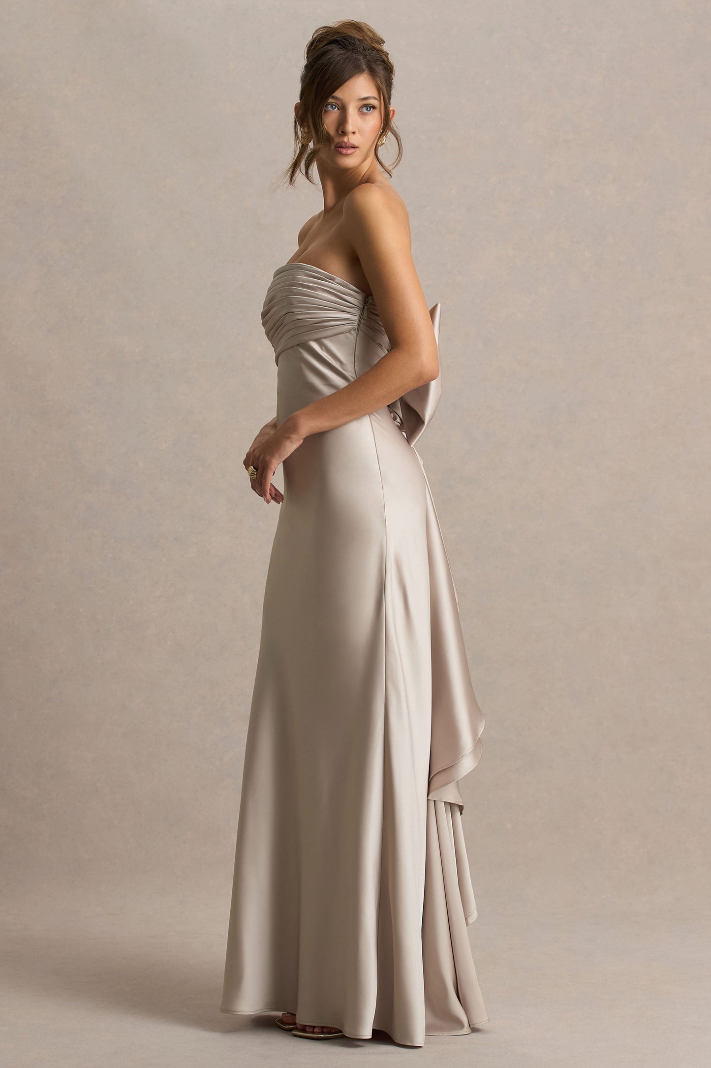 Talulla | Champagne Satin Bandeau Maxi Dress With Ruffled Detail
