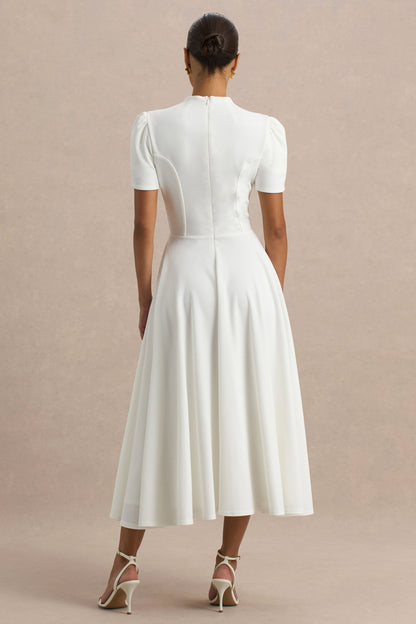 Vicky | White High Neck Midi Dress With Puff Sleeves